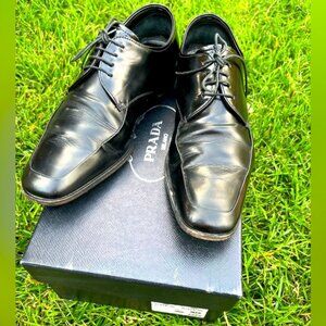 PRADA Mens Black Spazzolato Fiume Leather Oxford Dress Shoes - SIZE 8